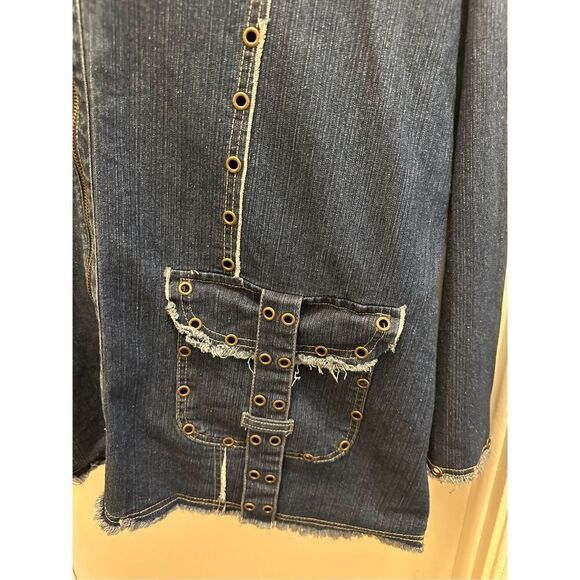 Finejeans Women's Dark Denim Blue Stretch Distressed Denim Jacket Size 30 - Picture 3 of 11